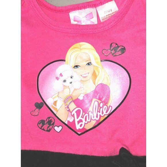 Barbie Top Girls 2T Pink Puff Tunic L/S TShirt Houndstooth Bow Graphic Print Dog - Picture 3 of 9